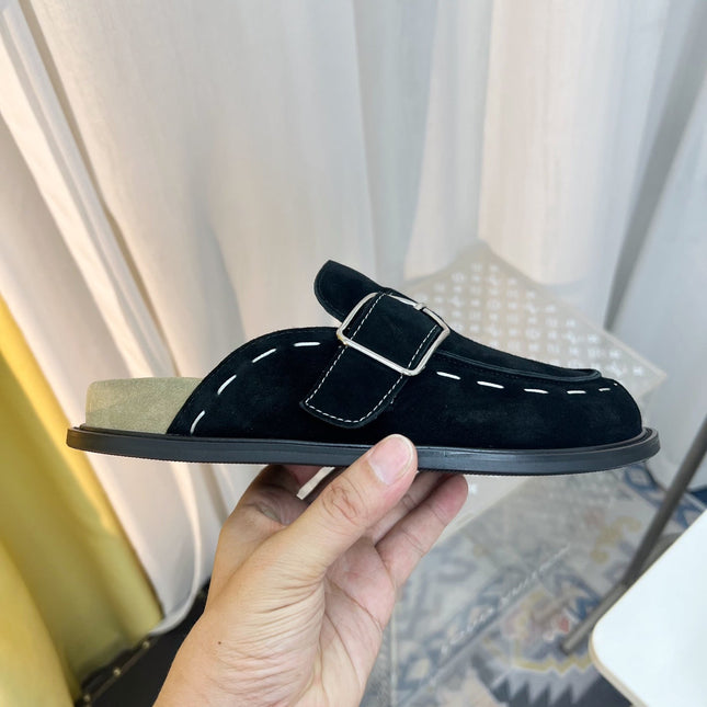 THE ROW 26S BUCKLED MULE CLOGS IN BLACK SUEDE