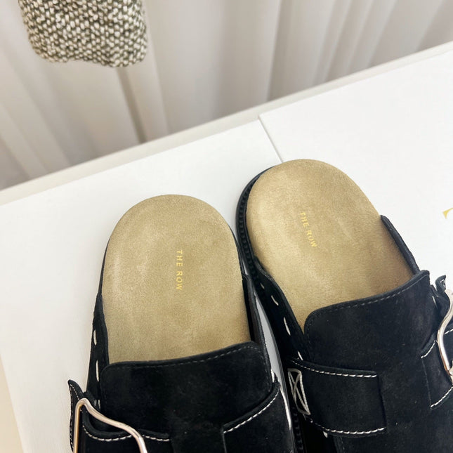 THE ROW 26S BUCKLED MULE CLOGS IN BLACK SUEDE