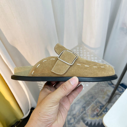 THE ROW 26S BUCKLED MULE CLOGS IN LIGHT BROWN SUEDE