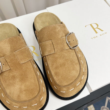 THE ROW 26S BUCKLED MULE CLOGS IN LIGHT BROWN SUEDE