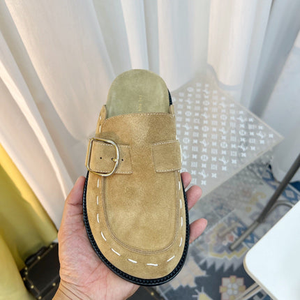 THE ROW 26S BUCKLED MULE CLOGS IN LIGHT BROWN SUEDE