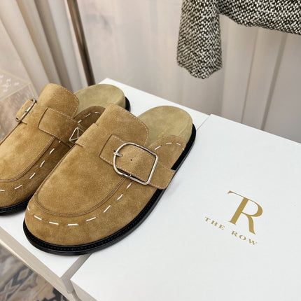 THE ROW 26S BUCKLED MULE CLOGS IN LIGHT BROWN SUEDE