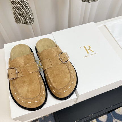 THE ROW 26S BUCKLED MULE CLOGS IN LIGHT BROWN SUEDE
