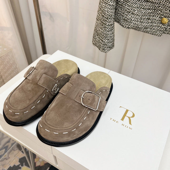 THE ROW 26S BUCKLED MULE CLOGS IN TAUPE BROWN SUEDE