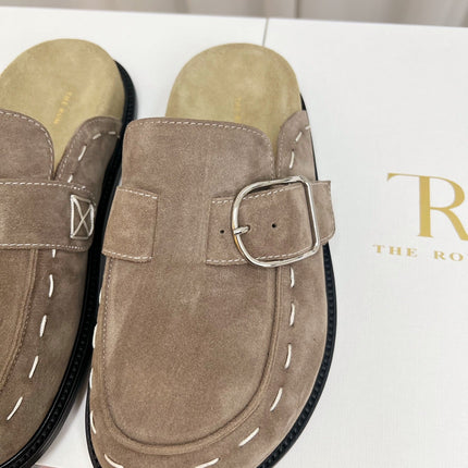 THE ROW 26S BUCKLED MULE CLOGS IN TAUPE BROWN SUEDE