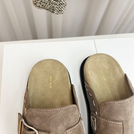 THE ROW 26S BUCKLED MULE CLOGS IN TAUPE BROWN SUEDE