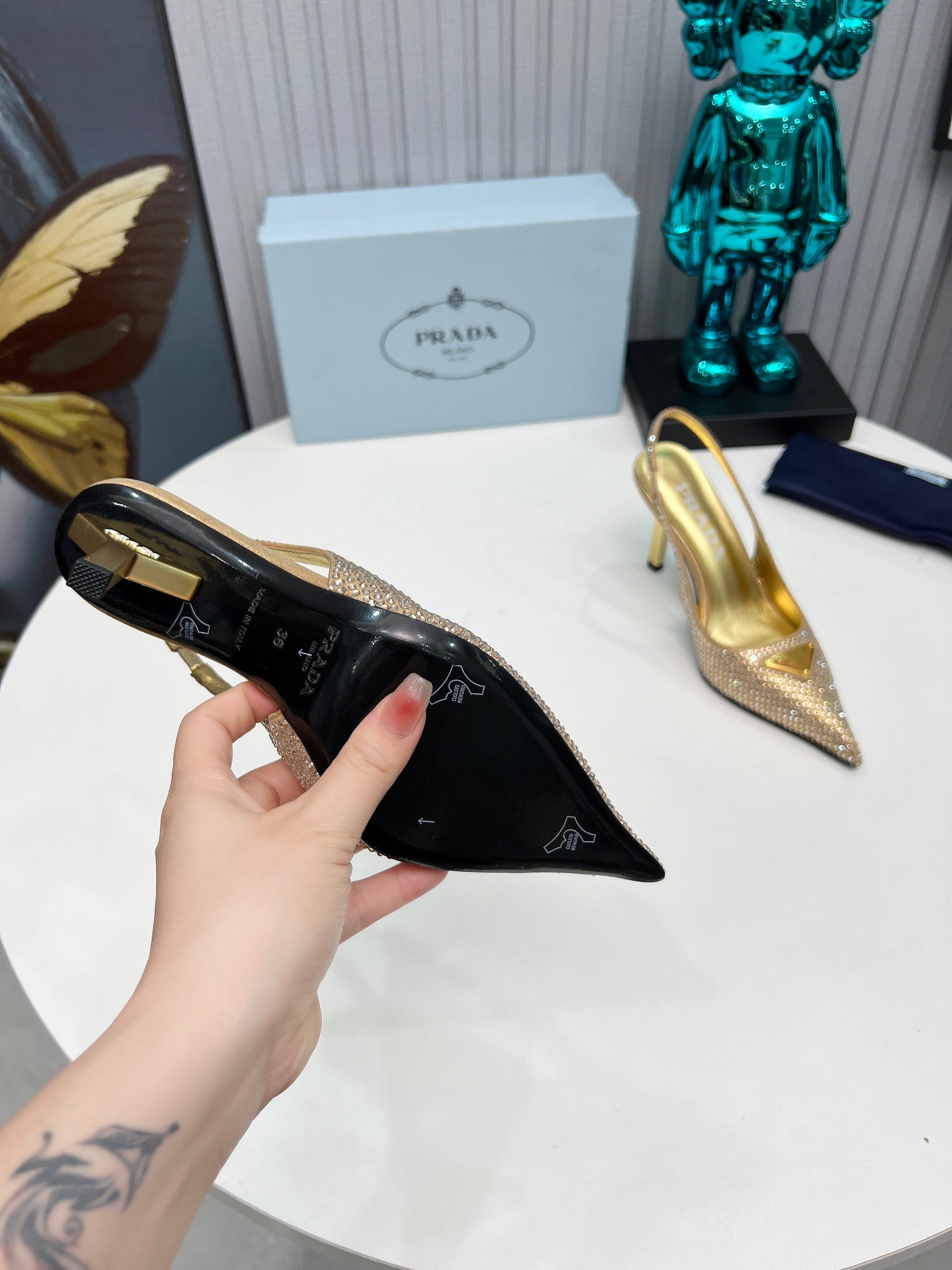 CRYSTAL SATIN HIGH-HEEL SLING BACK PUMPS GOLD