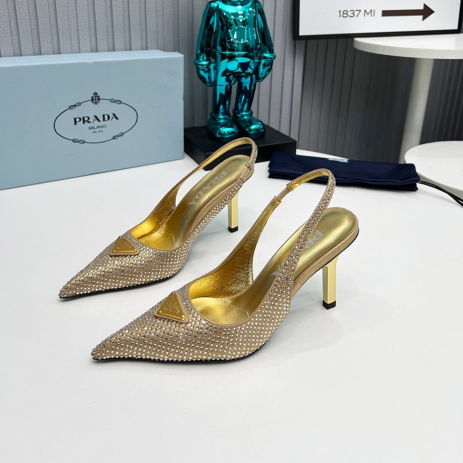 CRYSTAL SATIN HIGH-HEEL SLING BACK PUMPS GOLD