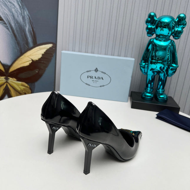 PRADA 26S POINTED TOE PUMPS STILETTO HEEL 80MM IN BLACK SHINE CALFSKIN