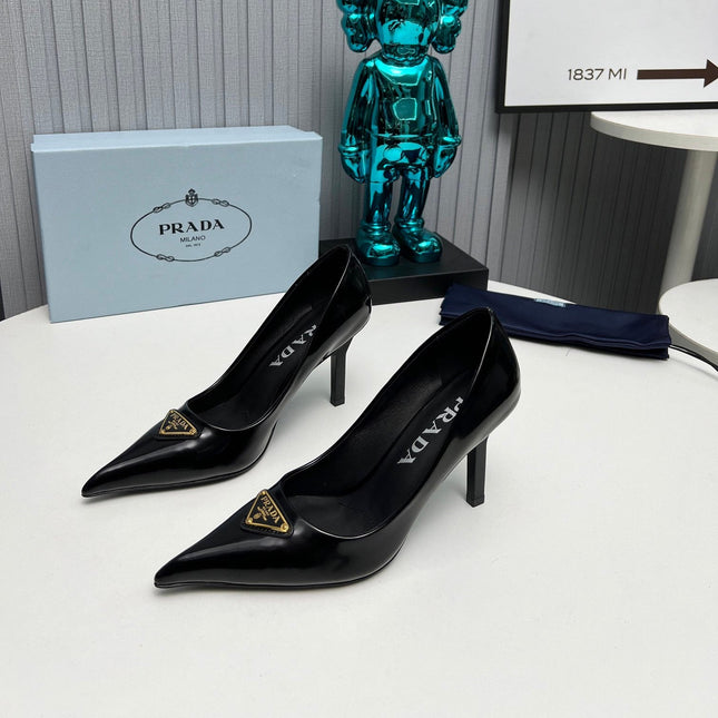 PRADA 26S POINTED TOE PUMPS STILETTO HEEL 80MM IN BLACK SHINE CALFSKIN