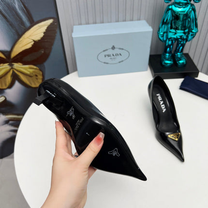 PRADA 26S POINTED TOE PUMPS STILETTO HEEL 80MM IN BLACK SHINE CALFSKIN