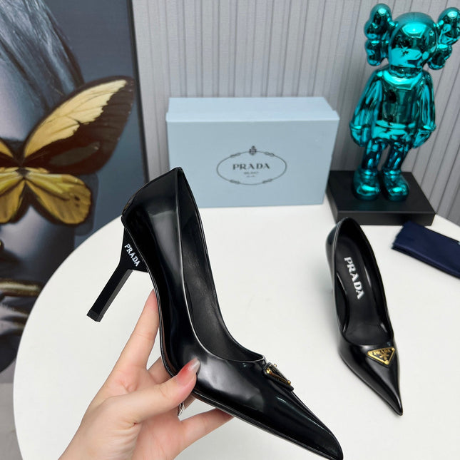 PRADA 26S POINTED TOE PUMPS STILETTO HEEL 80MM IN BLACK SHINE CALFSKIN