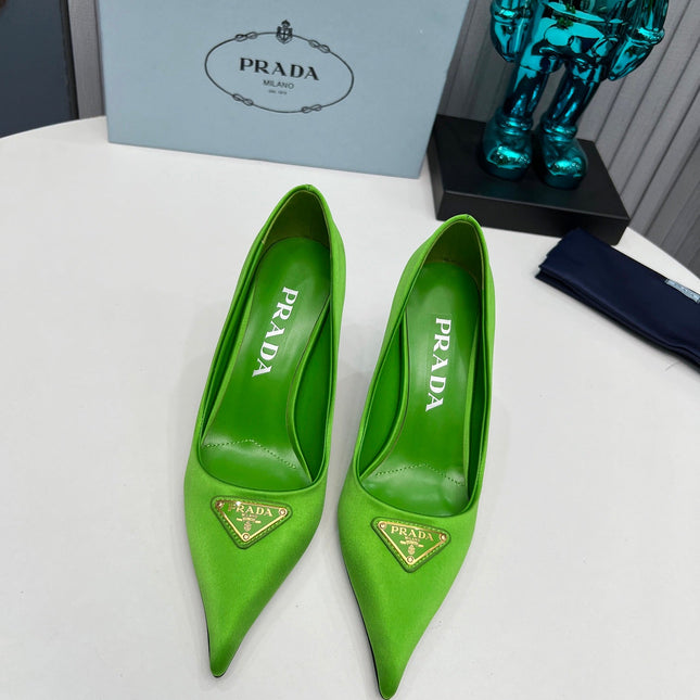 PRADA 26S POINTED TOE PUMPS STILETTO HEEL 80MM IN LIME GREEN SATIN