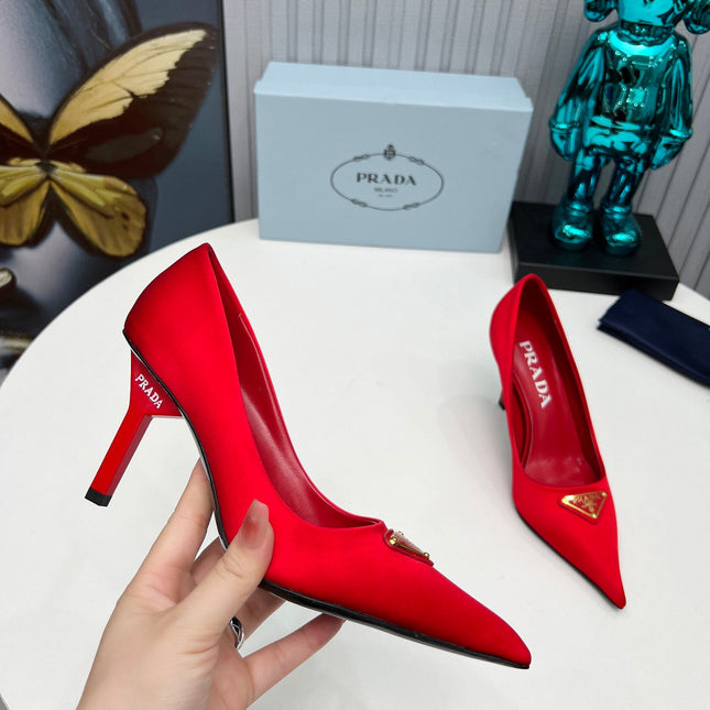 PRADA 26S POINTED TOE PUMPS STILETTO HEEL 80MM IN DARK RED SATIN