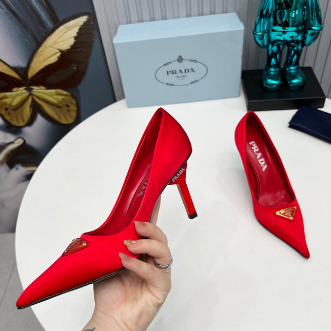 PRADA 26S POINTED TOE PUMPS STILETTO HEEL 80MM IN DARK RED SATIN