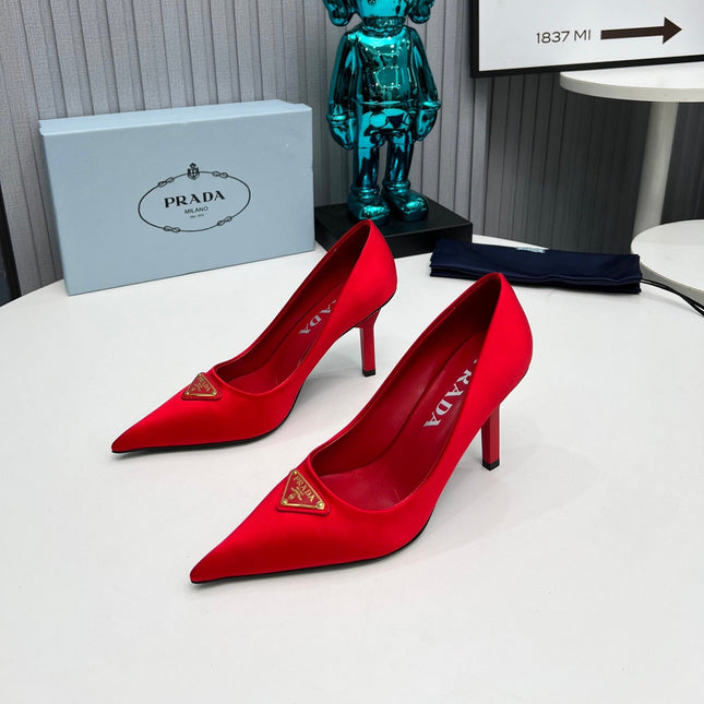 PRADA 26S POINTED TOE PUMPS STILETTO HEEL 80MM IN DARK RED SATIN