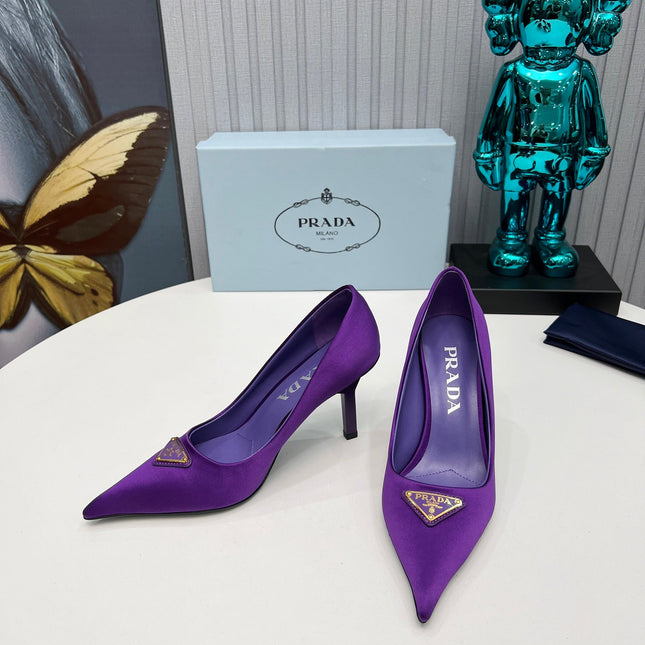 PRADA 26S POINTED TOE PUMPS STILETTO HEEL 80MM IN DEEP PURPLE SATIN