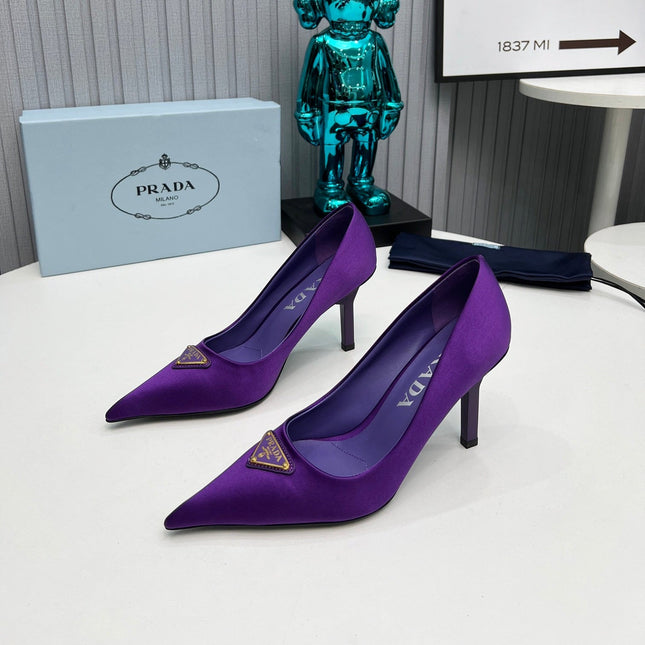 PRADA 26S POINTED TOE PUMPS STILETTO HEEL 80MM IN DEEP PURPLE SATIN