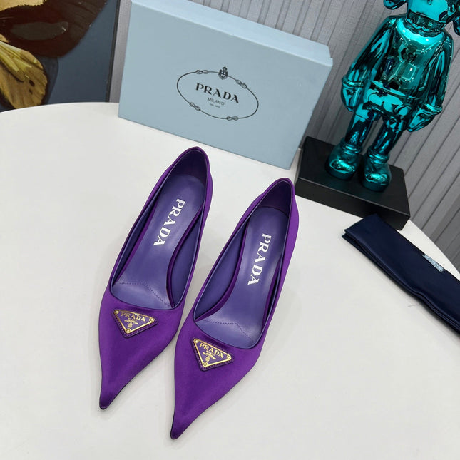 PRADA 26S POINTED TOE PUMPS STILETTO HEEL 80MM IN DEEP PURPLE SATIN