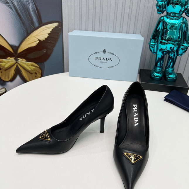 PRADA 26S POINTED TOE PUMPS STILETTO HEEL 80MM IN BLACK CALFSKIN