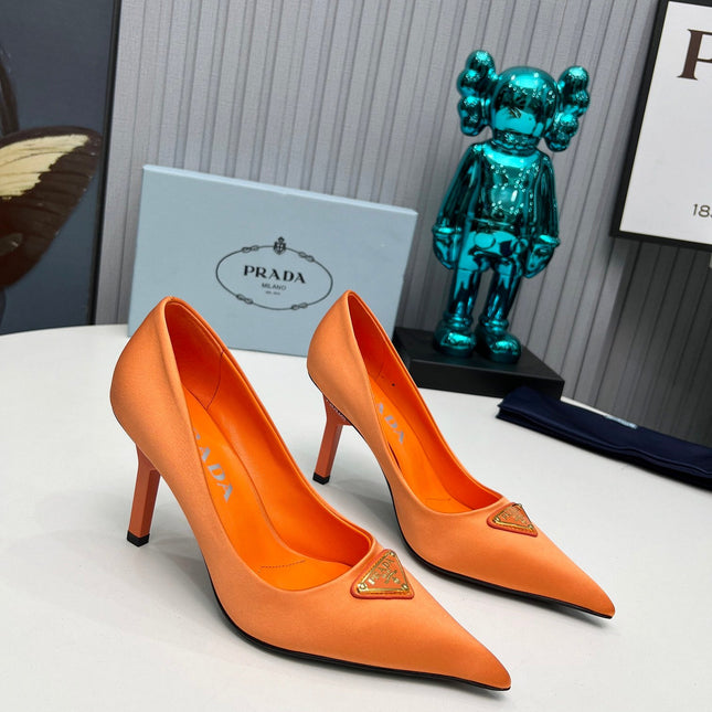PRADA 26S POINTED TOE PUMPS STILETTO HEEL 80MM IN ORANGE SATIN
