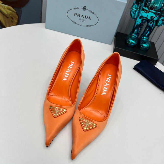 PRADA 26S POINTED TOE PUMPS STILETTO HEEL 80MM IN ORANGE SATIN