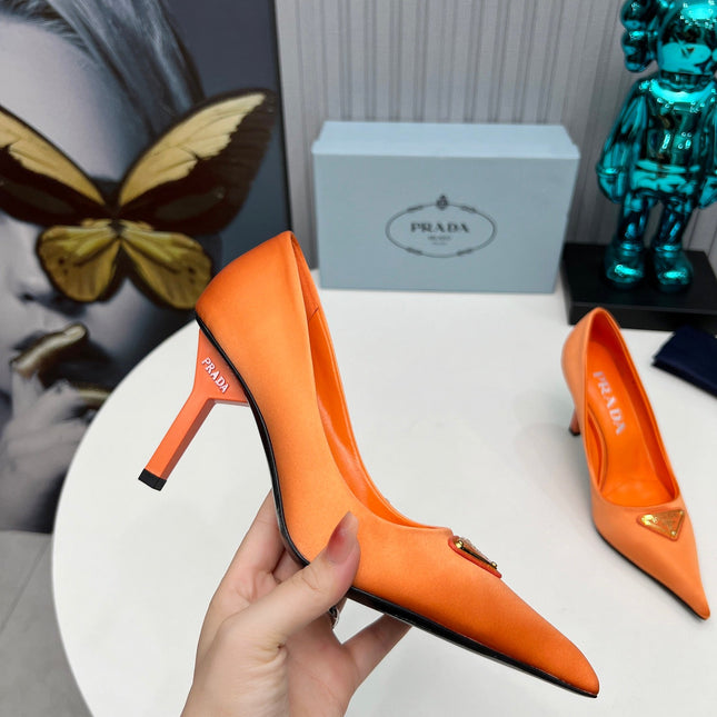 PRADA 26S POINTED TOE PUMPS STILETTO HEEL 80MM IN ORANGE SATIN