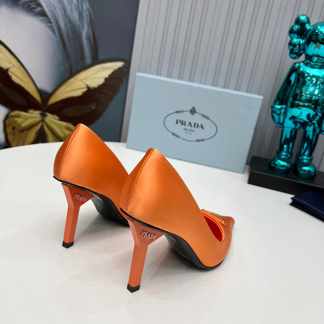 PRADA 26S POINTED TOE PUMPS STILETTO HEEL 80MM IN ORANGE SATIN