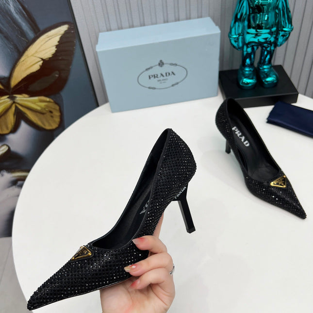 PRADA 26S POINTED TOE PUMPS STILETTO HEEL 80MM IN BLACK CRYSTAL EMBELLISHED