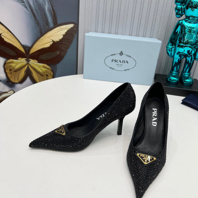 PRADA 26S POINTED TOE PUMPS STILETTO HEEL 80MM IN BLACK CRYSTAL EMBELLISHED