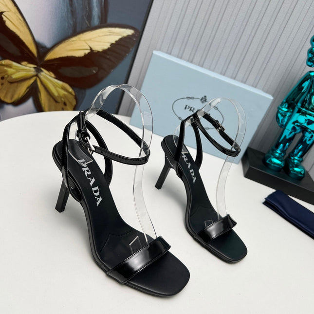 PRADA 26S ANKLE STRAP SANDALS STILETTO HEEL 80MM IN BLACK SHINE CALFSKIN
