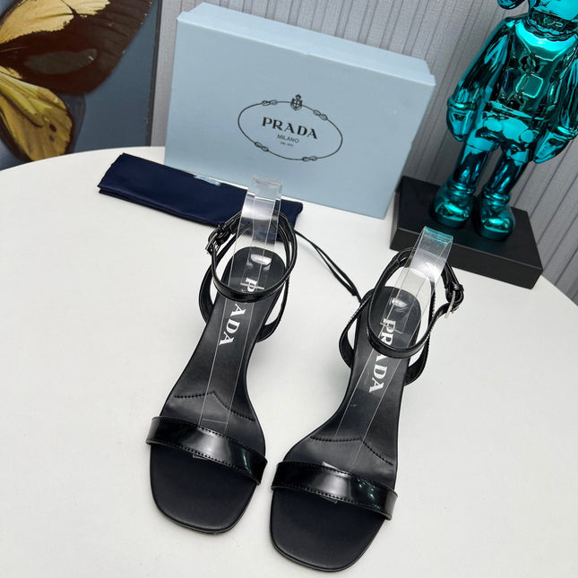 PRADA 26S ANKLE STRAP SANDALS STILETTO HEEL 80MM IN BLACK SHINE CALFSKIN