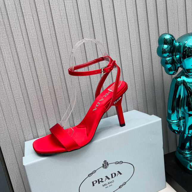 PRADA 26S ANKLE STRAP SANDALS STILETTO HEEL 80MM IN DARK RED SATIN