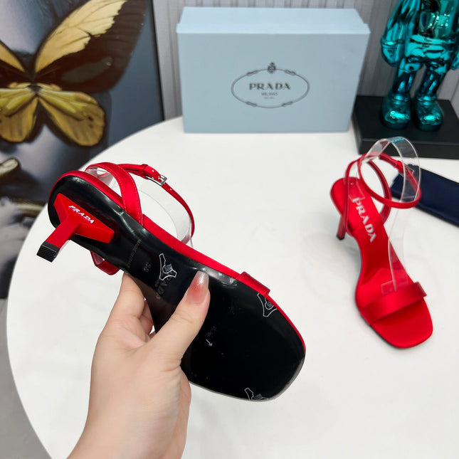 PRADA 26S ANKLE STRAP SANDALS STILETTO HEEL 80MM IN DARK RED SATIN