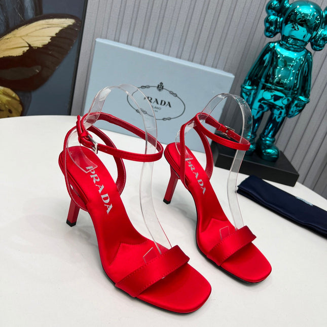 PRADA 26S ANKLE STRAP SANDALS STILETTO HEEL 80MM IN DARK RED SATIN