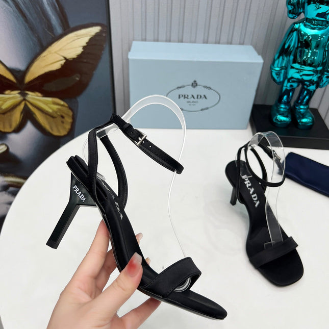 PRADA 26S ANKLE STRAP SANDALS STILETTO HEEL 80MM IN BLACK SATIN