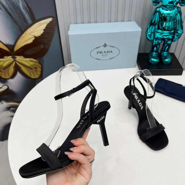 PRADA 26S ANKLE STRAP SANDALS STILETTO HEEL 80MM IN BLACK SATIN