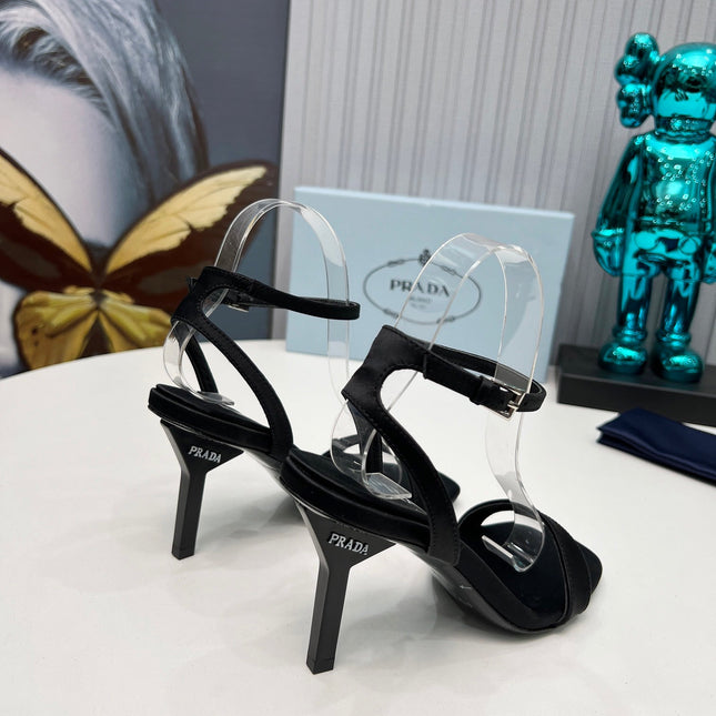 PRADA 26S ANKLE STRAP SANDALS STILETTO HEEL 80MM IN BLACK SATIN