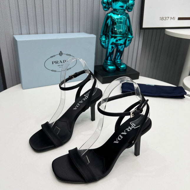 PRADA 26S ANKLE STRAP SANDALS STILETTO HEEL 80MM IN BLACK SATIN