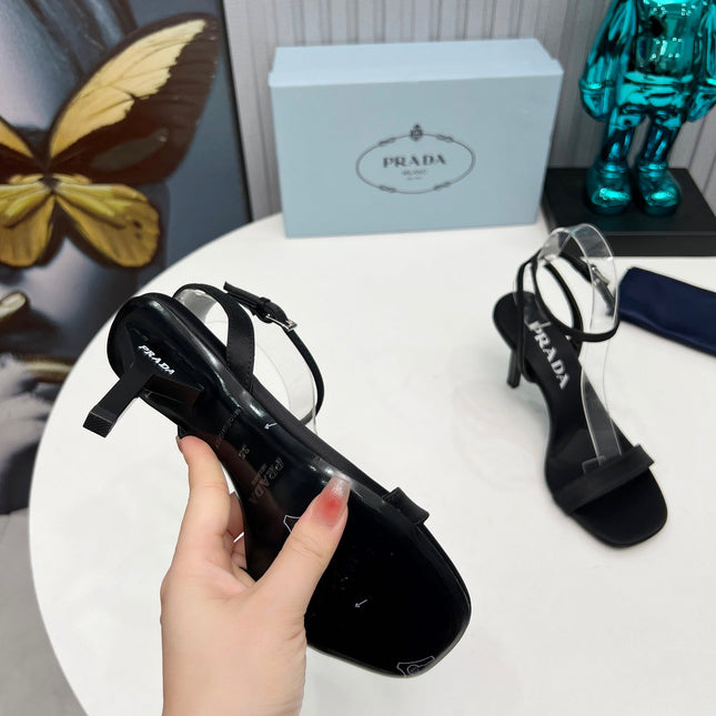 PRADA 26S ANKLE STRAP SANDALS STILETTO HEEL 80MM IN BLACK SATIN