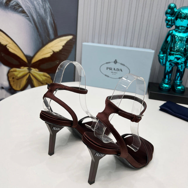 PRADA 26S ANKLE STRAP SANDALS STILETTO HEEL 80MM IN DARK BROWN SATIN