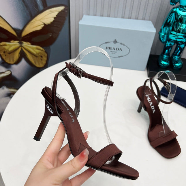PRADA 26S ANKLE STRAP SANDALS STILETTO HEEL 80MM IN DARK BROWN SATIN