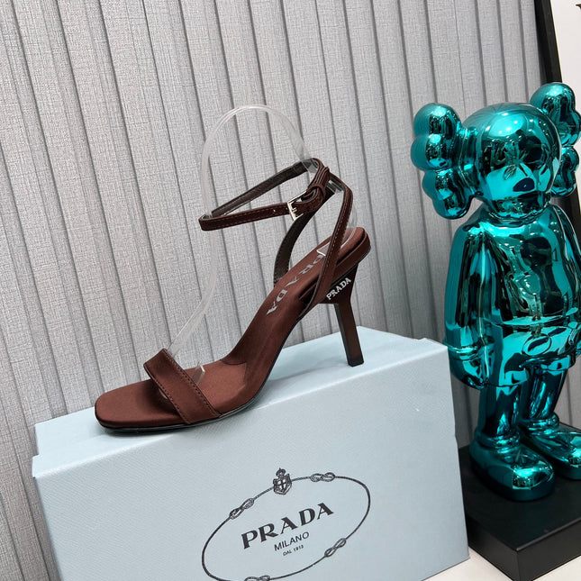 PRADA 26S ANKLE STRAP SANDALS STILETTO HEEL 80MM IN DARK BROWN SATIN