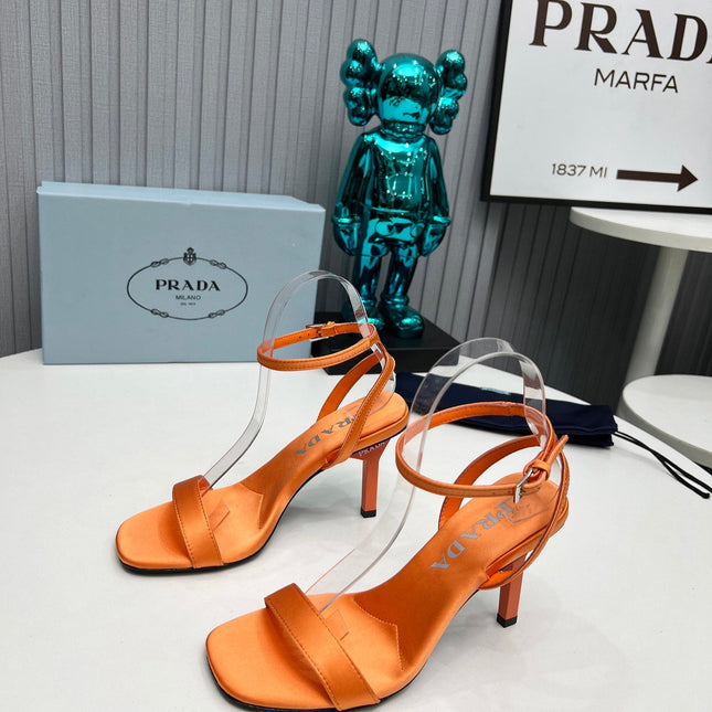 PRADA 26S ANKLE STRAP SANDALS STILETTO HEEL 80MM IN ORANGE SATIN