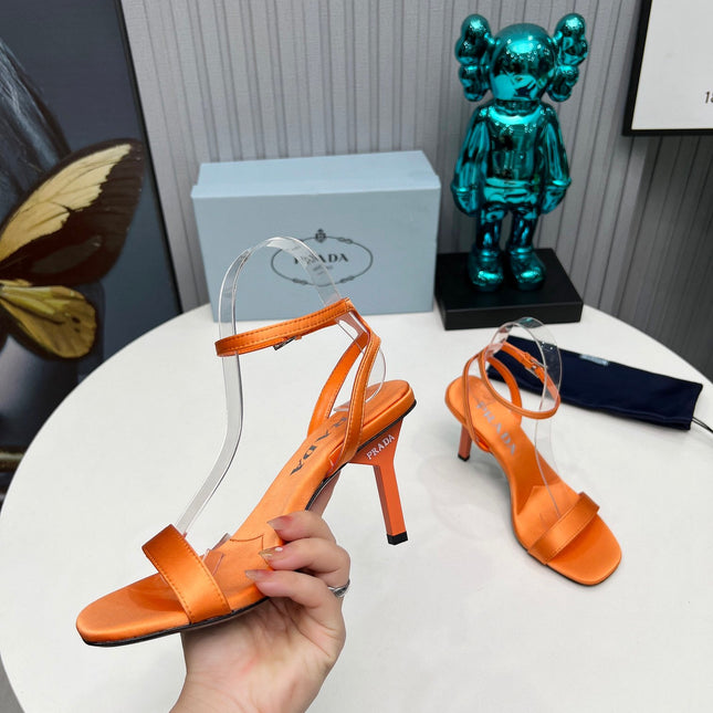 PRADA 26S ANKLE STRAP SANDALS STILETTO HEEL 80MM IN ORANGE SATIN