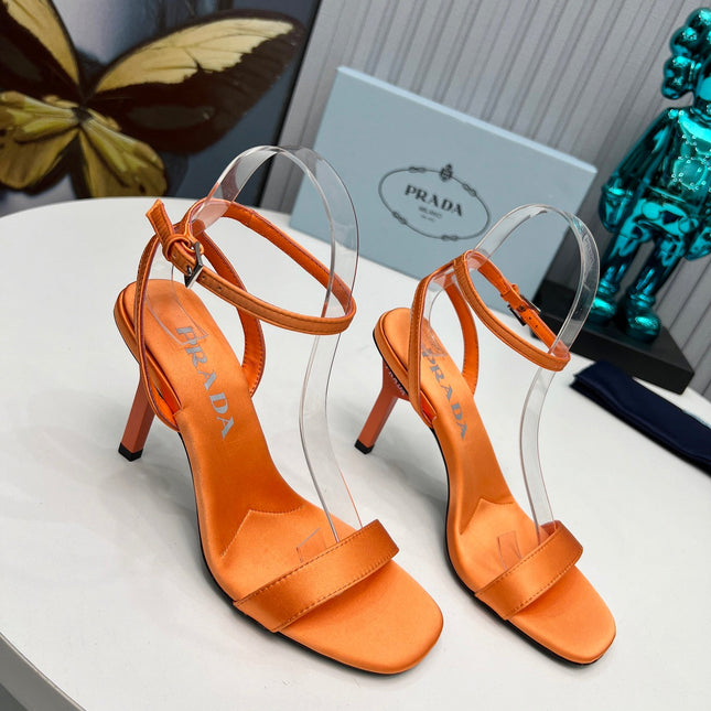 PRADA 26S ANKLE STRAP SANDALS STILETTO HEEL 80MM IN ORANGE SATIN