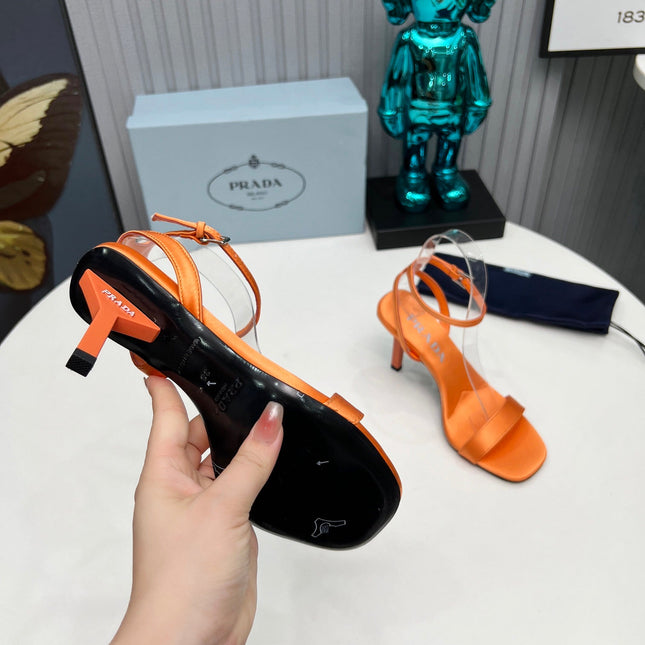PRADA 26S ANKLE STRAP SANDALS STILETTO HEEL 80MM IN ORANGE SATIN