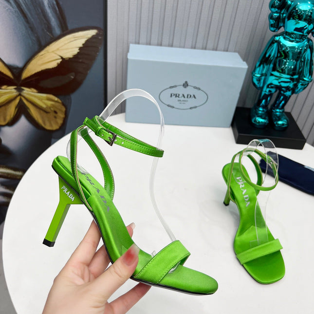 PRADA 26S ANKLE STRAP SANDALS STILETTO HEEL 80MM IN LIME GREEN SATIN