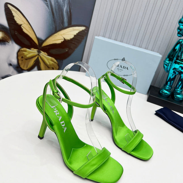 PRADA 26S ANKLE STRAP SANDALS STILETTO HEEL 80MM IN LIME GREEN SATIN