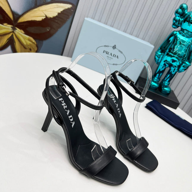 PRADA 26S ANKLE STRAP SANDALS STILETTO HEEL 80MM IN BLACK CALFSKIN